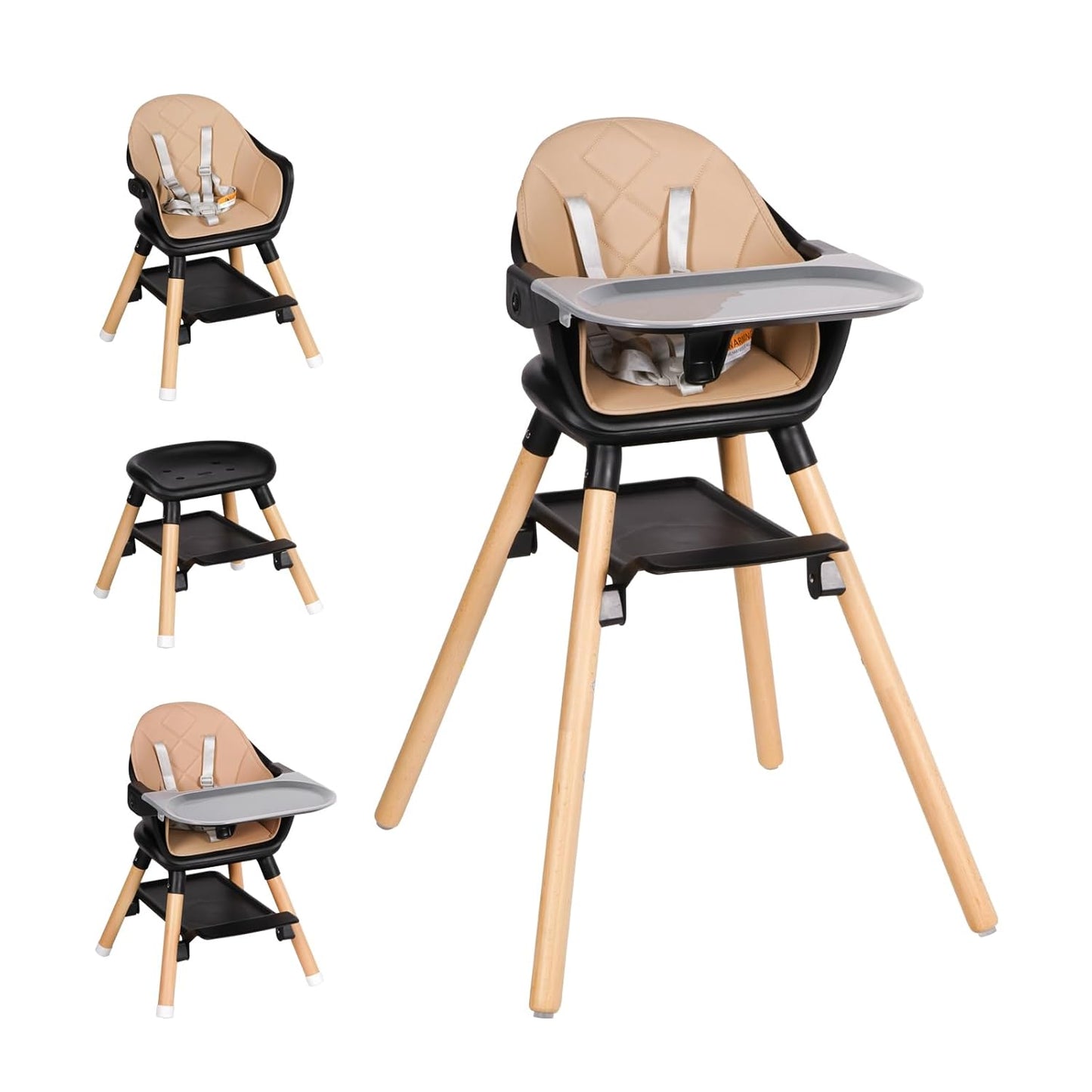 6 in 1 Wooden Convertible Baby High Chair for Infants & Toddlers