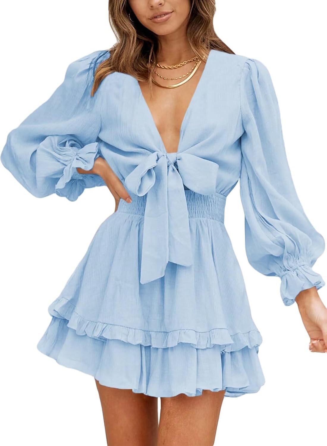 Dokotoo Womens Casual Deep V Neck Knotted Tiered Mini Dress