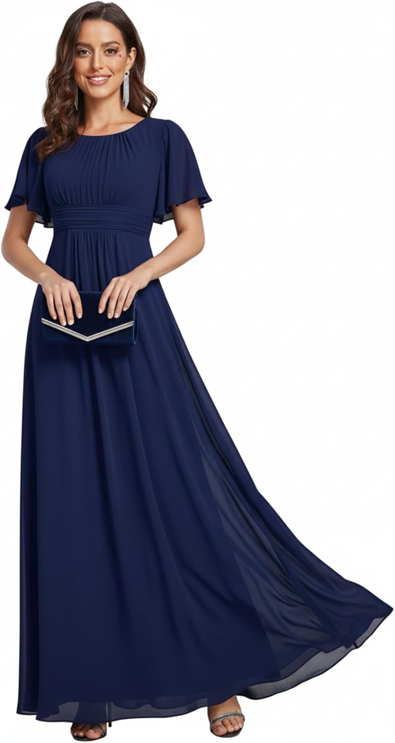 Elegant Round Neck Short Sleeves Chiffon Empire Waist Dress