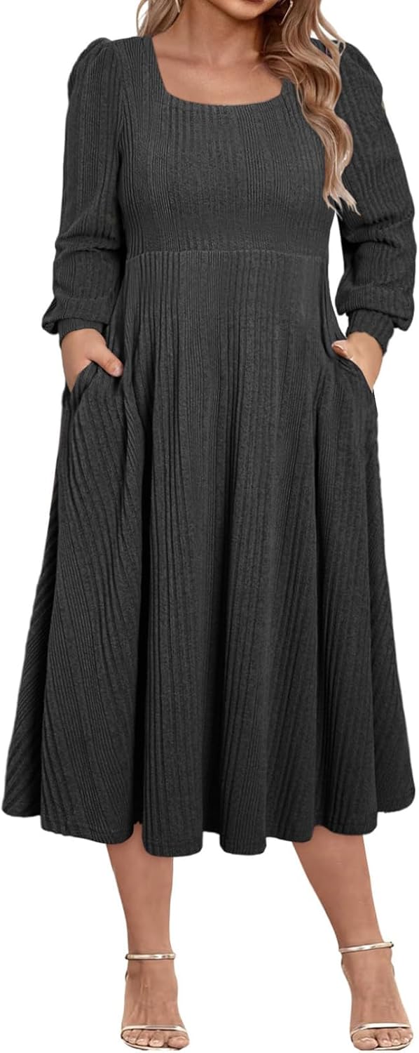 Eytino Womens Plus Size Dress with Square Neck and Pockets