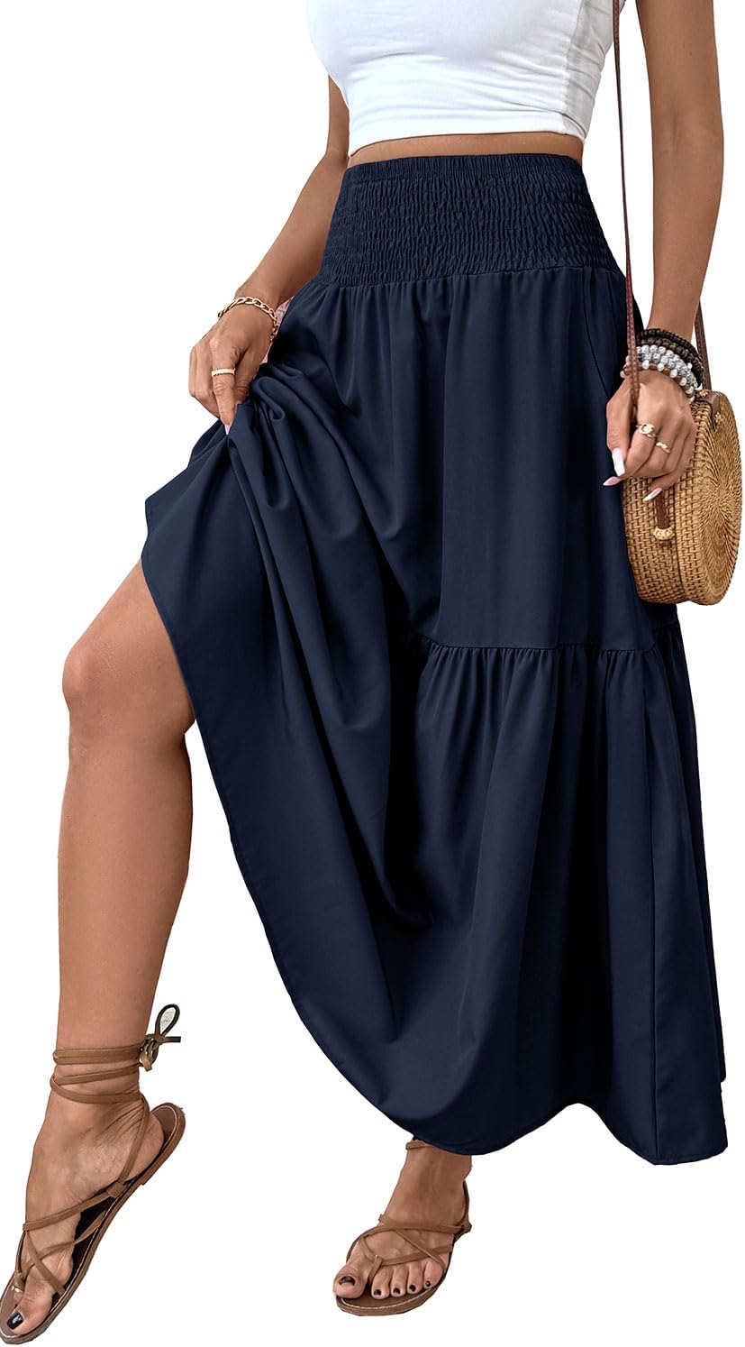 Women's Smocked High Waist Maxi Skirt with Pockets for Style