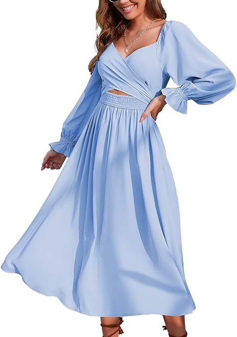 Women Tie Back Long Puff Sleeve Dress for Casual Events