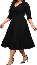 CLOCOR Women's Plus Size Midi Dress V Neck 3/4 Sleeve (Style MW3Y)