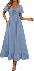 Womens Spring Maxi Dress V Neck Drawstring Ruffled - Flowy Fit