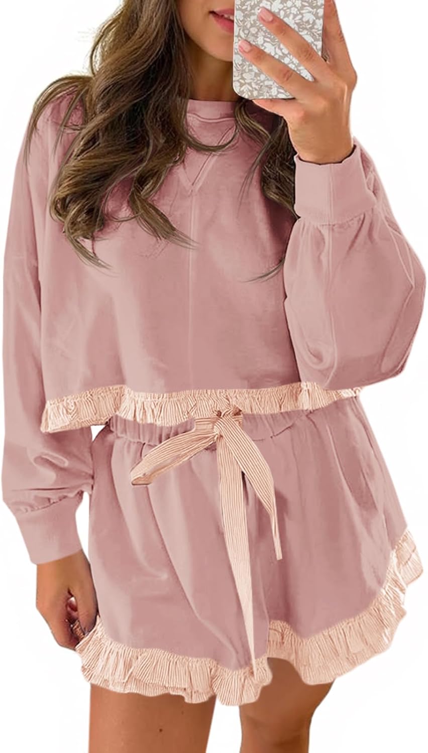 Fisoew Women's 2 Piece Lounge Sets with Ruffle and Drawstring