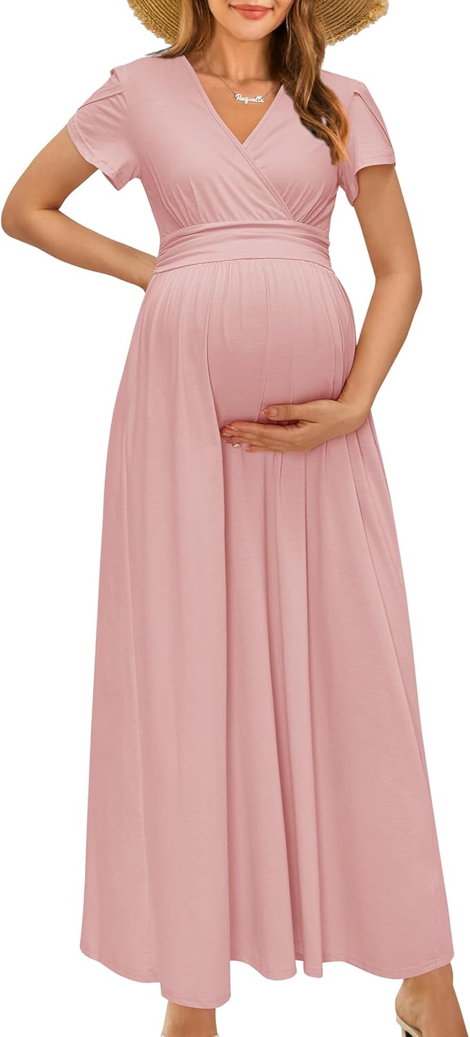OUGES Maternity Maxi Dress Wrap V Neck for Baby Shower Events