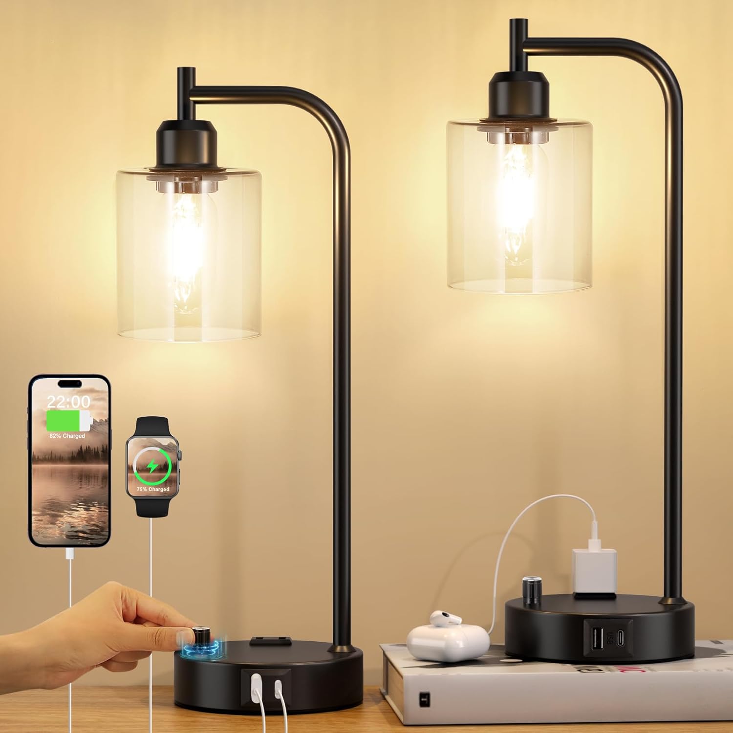 Industrial Nightstand Lamps Set of 2 with Dimmable Features
