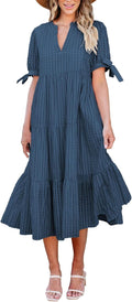 Womens Casual Midi V-Neck Gingham Dress - Tiered Spring Style