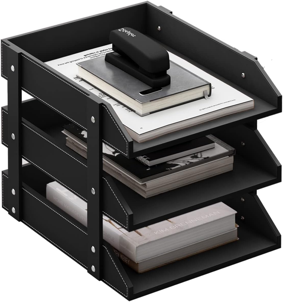 Leather Desk Organizer for Office Supplies - 3-Tier Holder