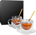 Clear Glass Coffee Cups with Spoons Set of 4 - Double Wall Insulated