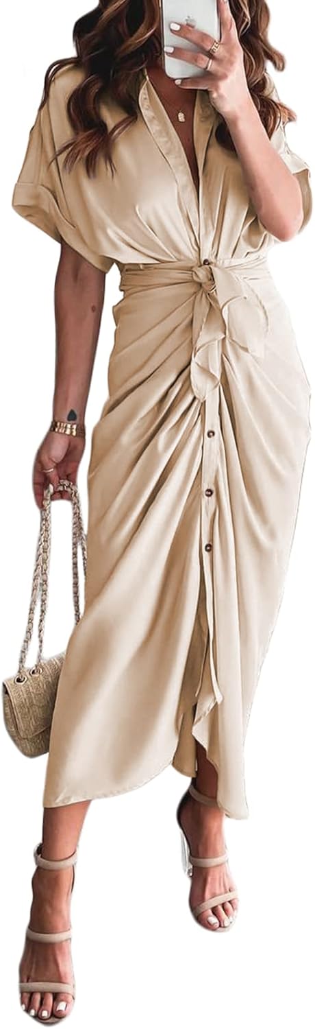 Elegant Satin Button Down Maxi Shirt Dress for Women