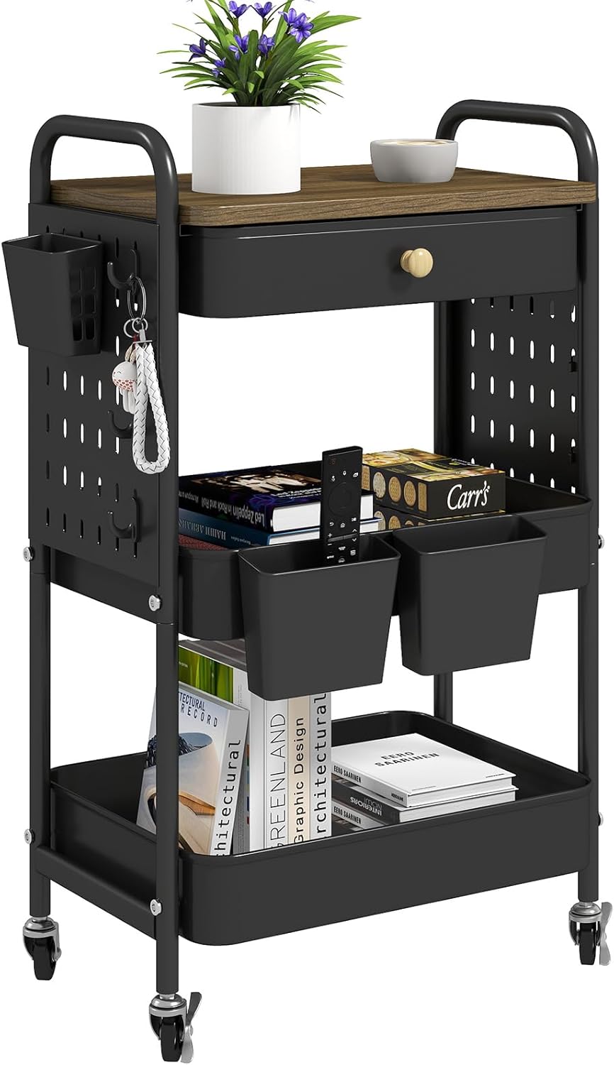 3-Tier Rolling Cart with Wooden Top & Pegboards for Storage