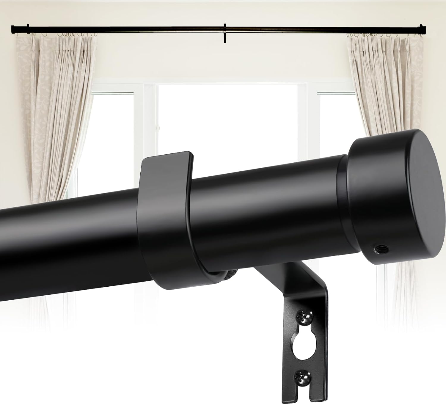 Modern Black 1 Curtain Rod - Easy Install, Adjustable Length