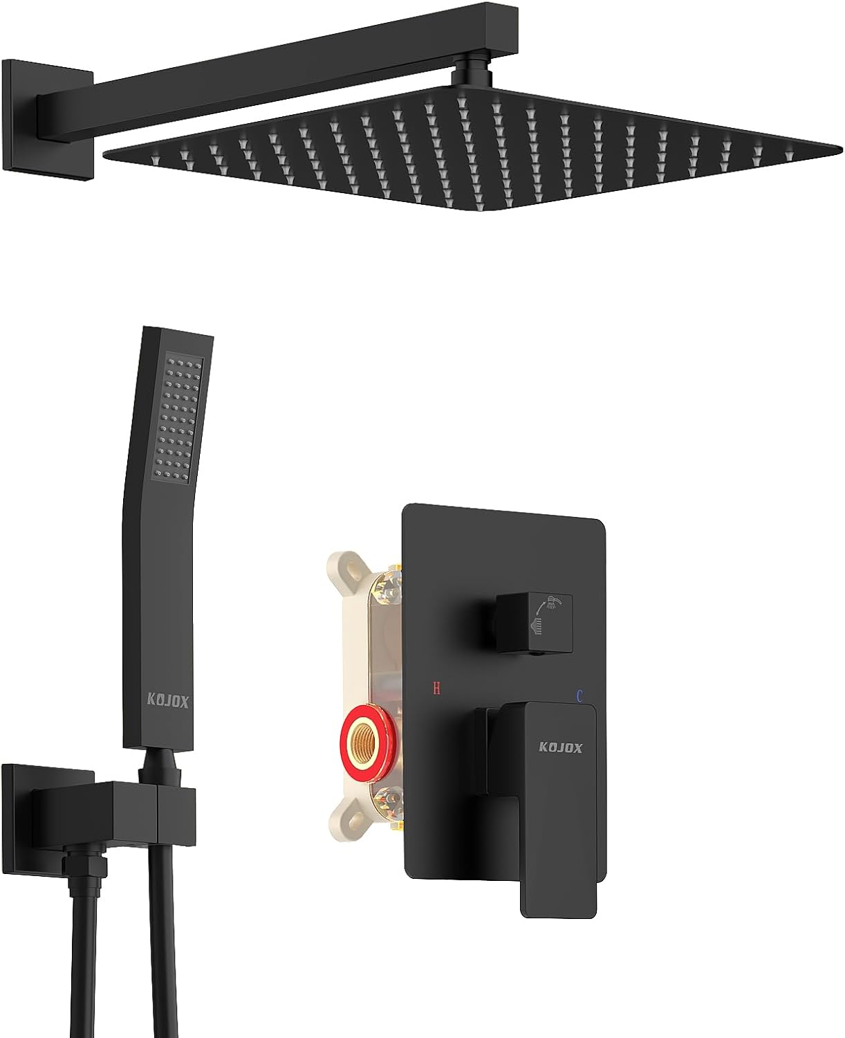 KOJOX 12 Inch Black Shower System with Rain Shower Head and Handheld