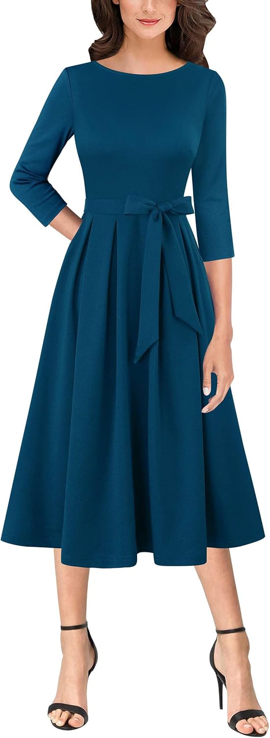 Elegant Pockets Belted A-Line Midi Dress for Work and Parties
