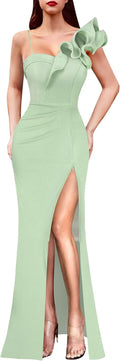 Womens One Shoulder Ruffle Ruched Maxi Dress - Elegant Split Gown