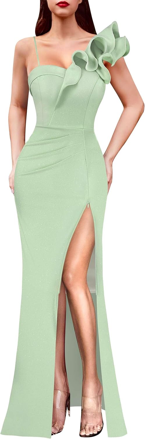 VFSHOW Womens Ruffle One Shoulder Strap Maxi Dress for Events