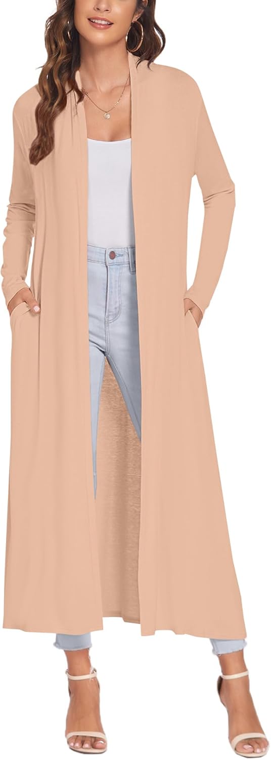 Bluetime Women Floor Length Open Front Cardigan with Pockets