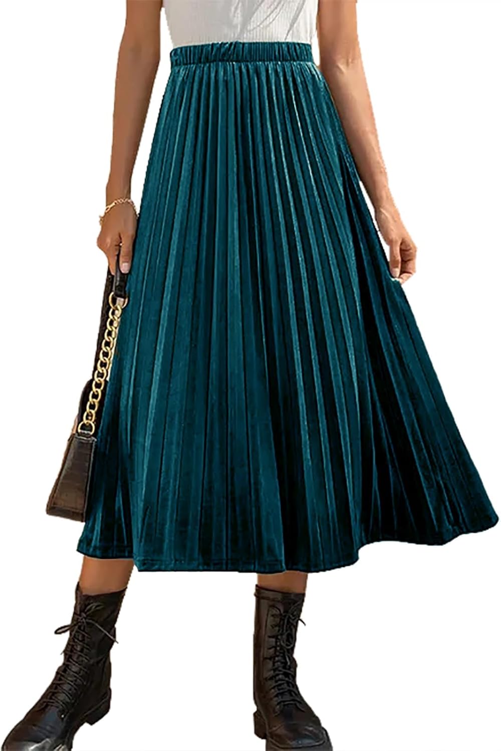 Womens High Elastic Waist Pleated A Line Midi Velvet Skirt