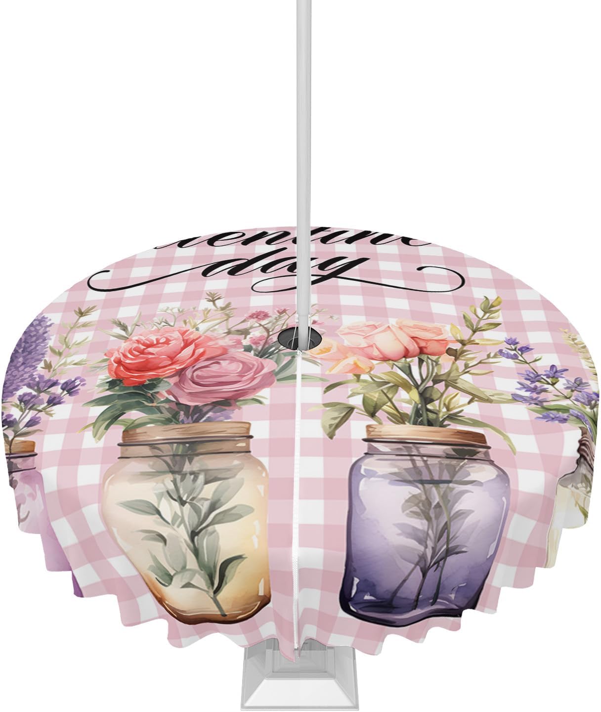 Pink Floral Waterproof Tablecloth, 60 Round with Umbrella Hole