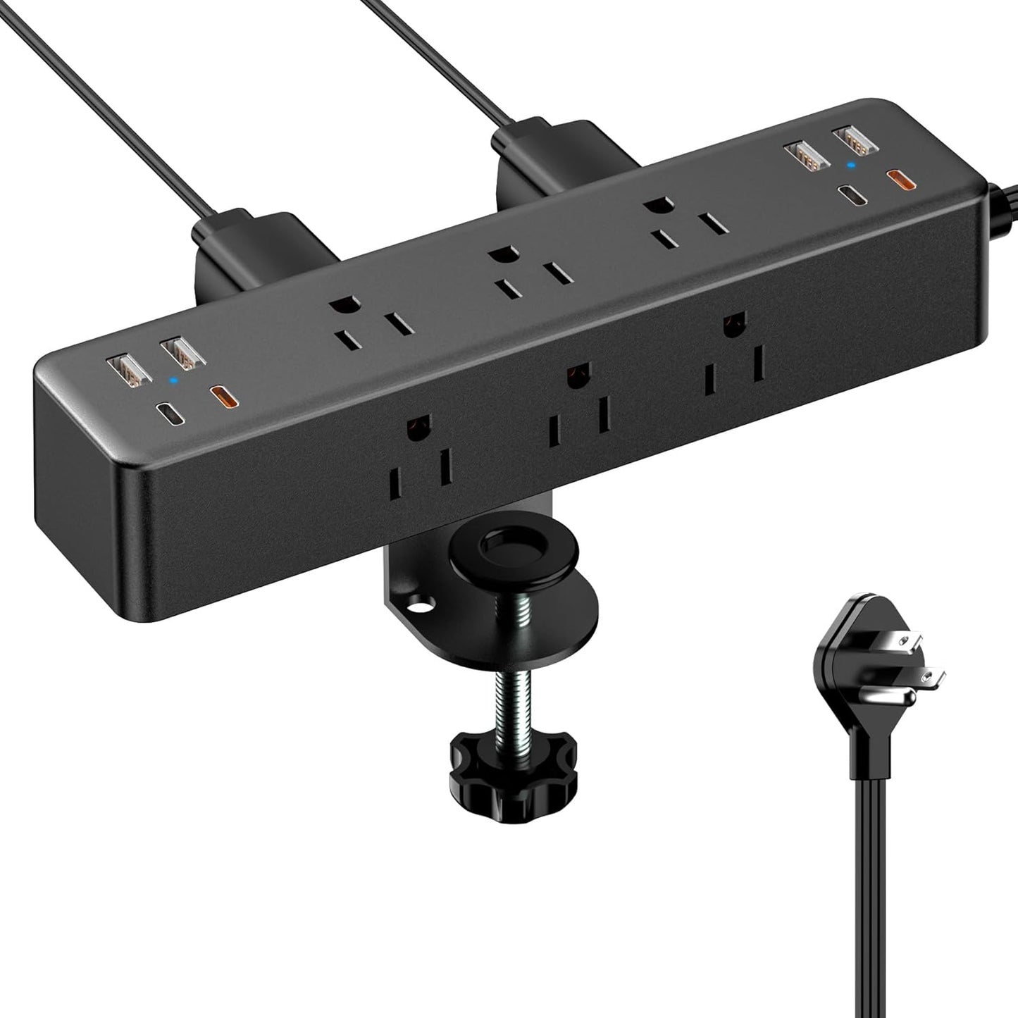 Flat Plug Desk Clamp Power Strip with 10FT Cord and USB Ports