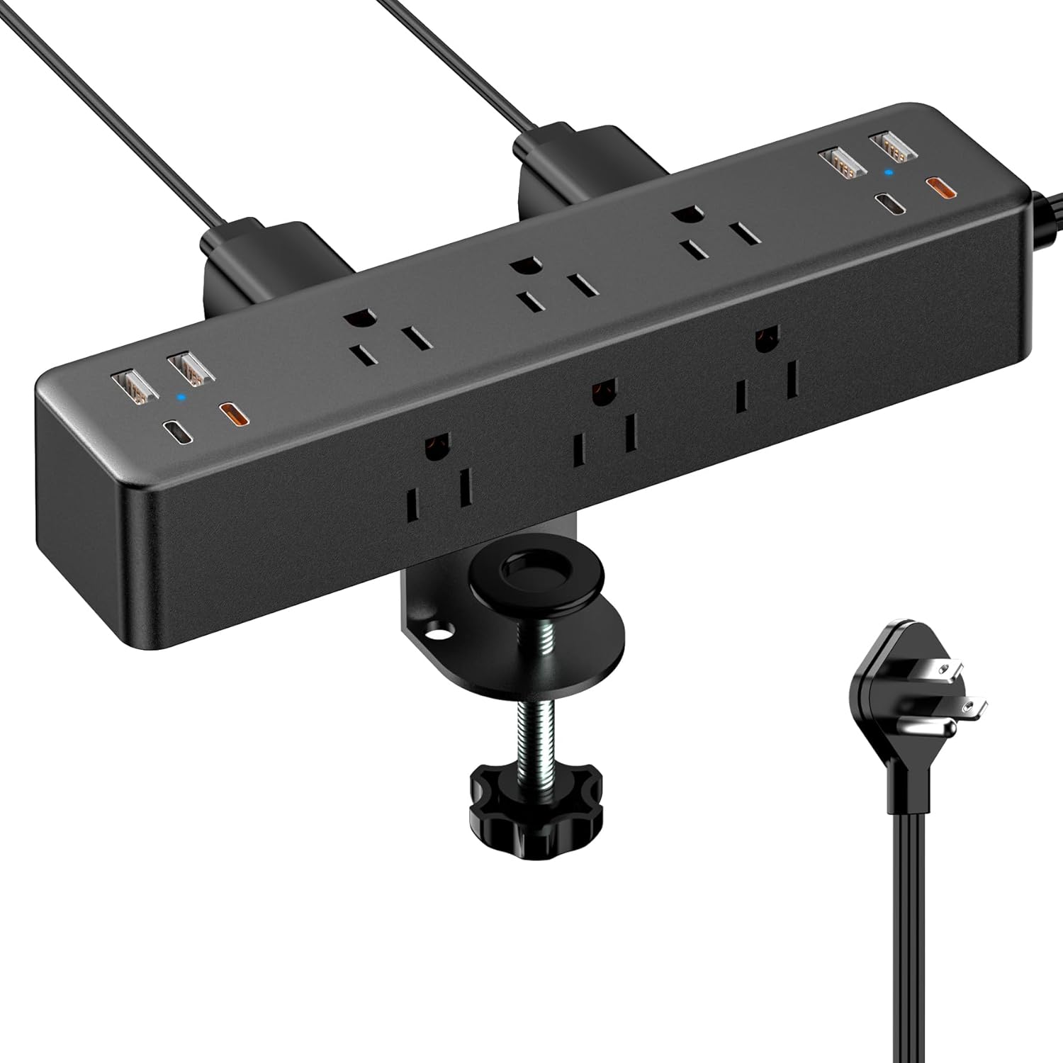 Flat Plug Desk Clamp Power Strip with 10FT Cord and USB Ports
