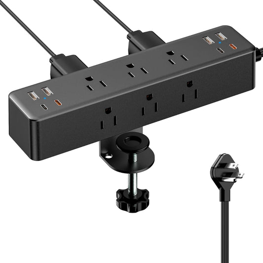 Flat Plug Desk Clamp Power Strip with 10FT Cord and USB Ports