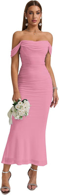 KUTUMAI Off The Shoulder Maxi Long Dress Corset Ruched Bodycon fully