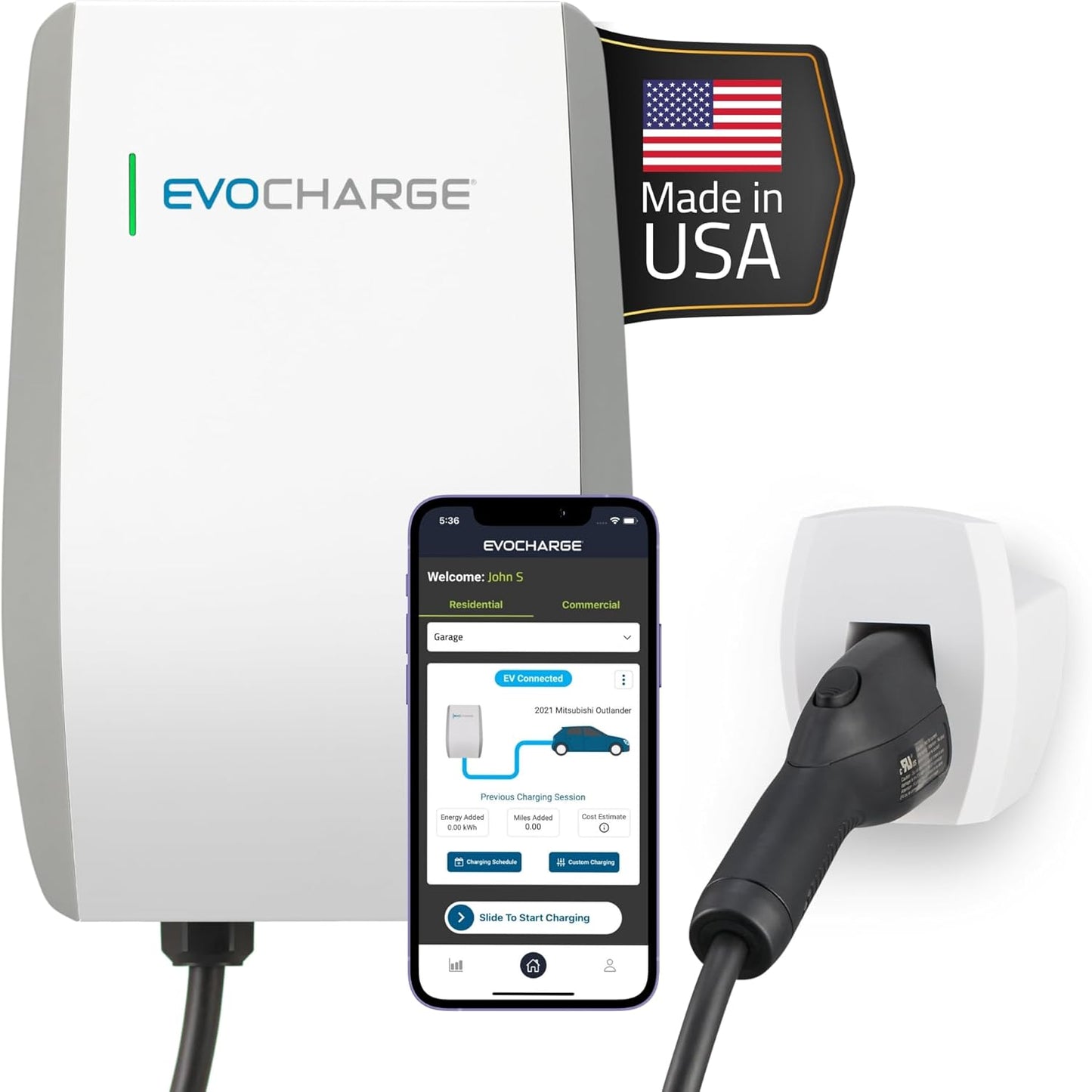 EVoCharge 50A Level 2 EV Charger: 45 Miles/Hr Speed