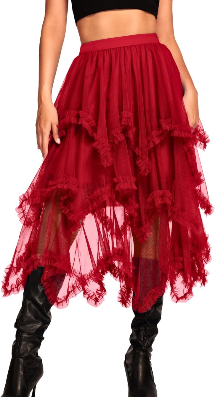 Kaei&Shi Long Tulle Skirt for Women - Asymmetrical Ruffle Design
