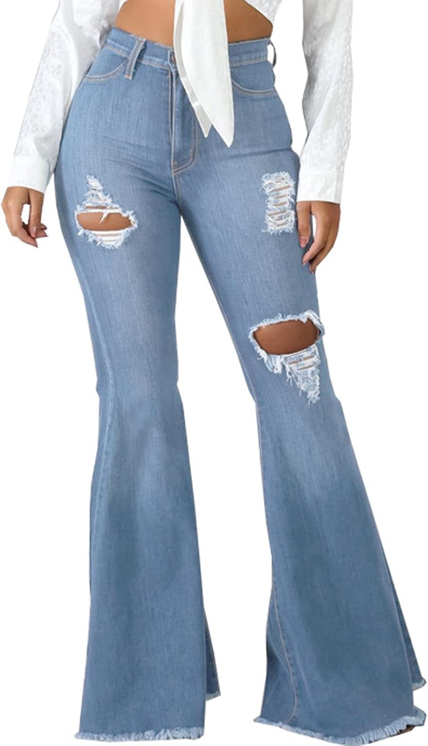 Ripped High Waisted Bell Bottom Jeans for Women - Classic Flared Denim