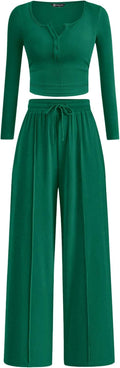 Women's Ribbed 2 Piece Lounge Set - Henley Top & Wide Leg Pants