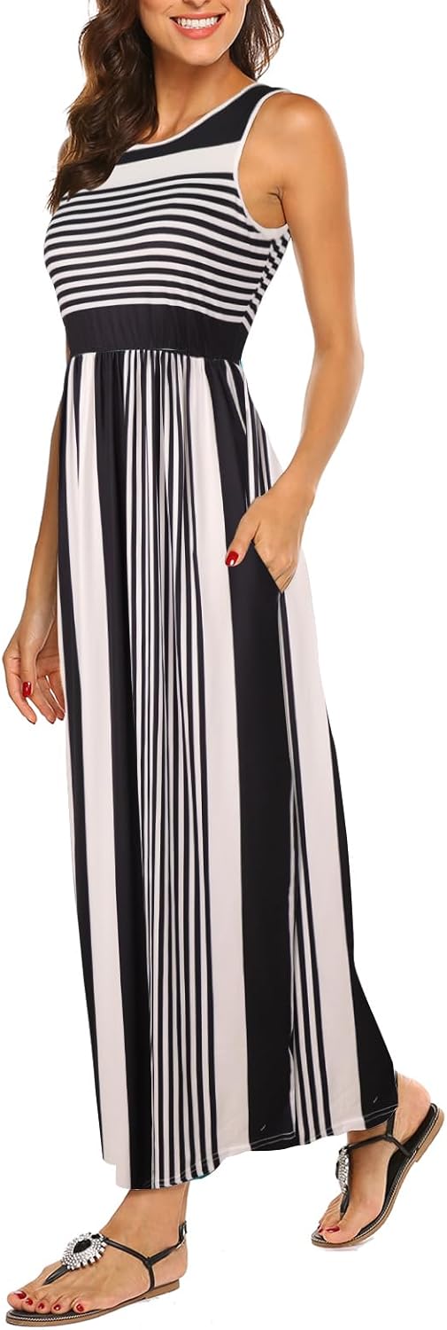 Hount Women's Summer Sleeveless Striped Flowy Maxi Dress