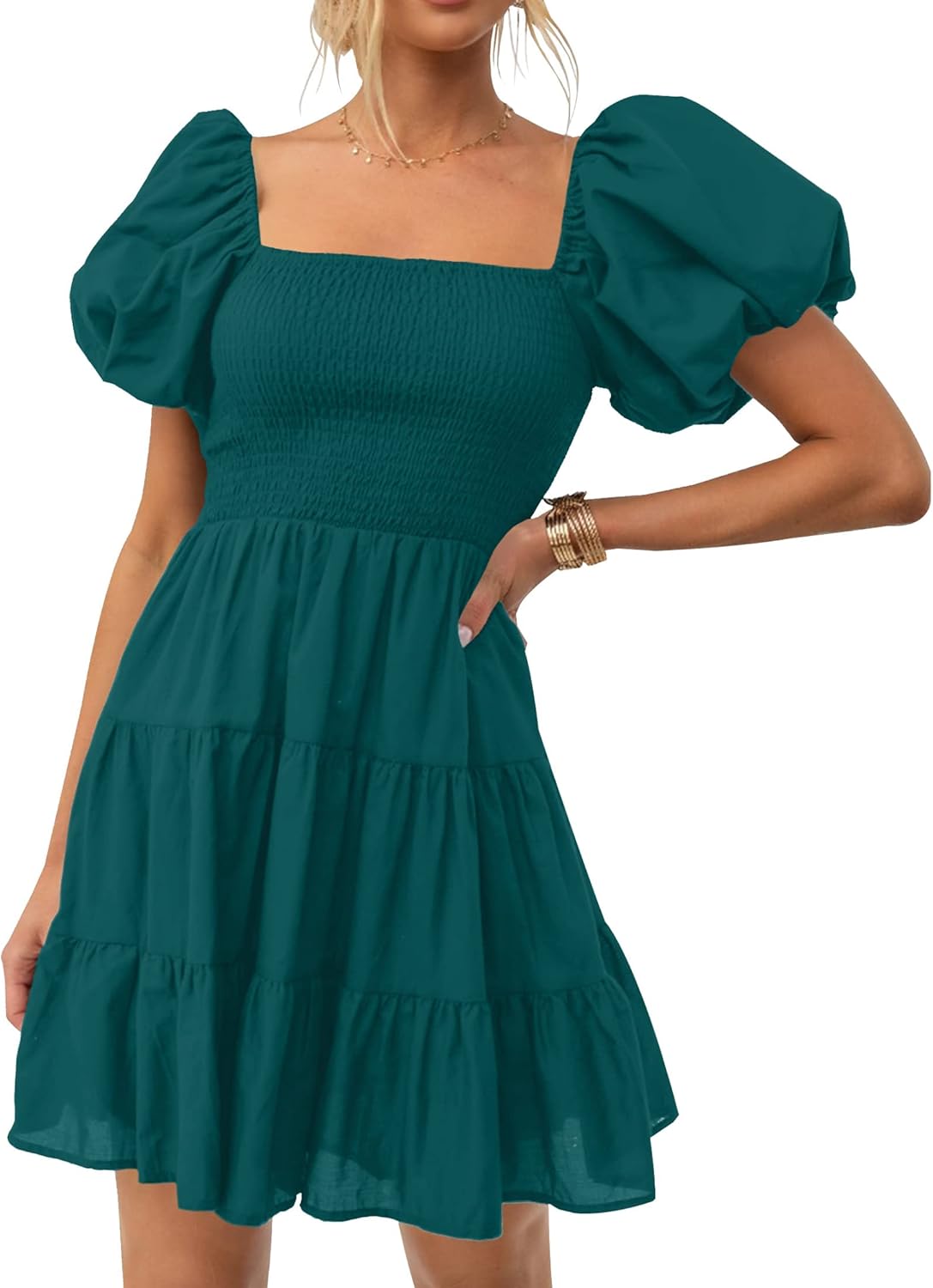 ZESICA Women's Boho Summer Square Neck Puff Sleeve Mini Dress