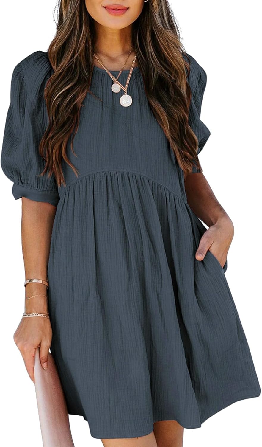 Dokotoo Womens Summer Crewneck Puff Sleeve Mini Swing Dress
