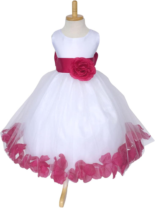 Rose Petal White Tulle Satin Flower Girl Gown for Special Events