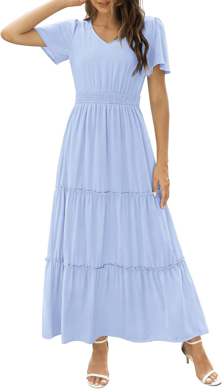 Zattcas Womens Long Summer Dress with Flutter Sleeves and V Neck