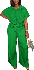 Casual Two Piece Set for Women - Button Down Shirt and Wide