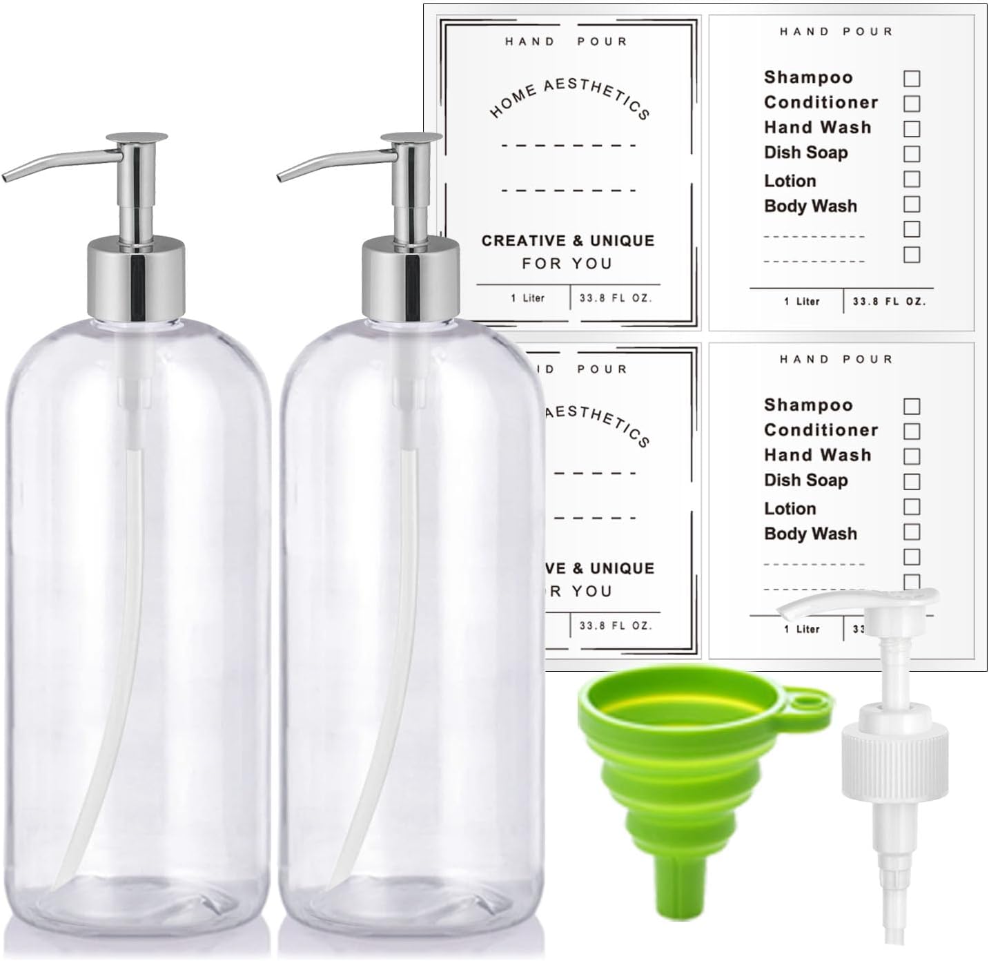 Unalilia 32oz Refillable Bottle Set - Steel Pumps, Crystal Clear, Multi-Use