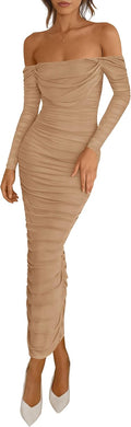 PRETTYGARDEN Womens Off Shoulder Mesh Ruched Maxi Dress - Elegant Fit