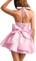 Jacquard Corset Dress Deep V Halter Mini - Bow Back Party Dress
