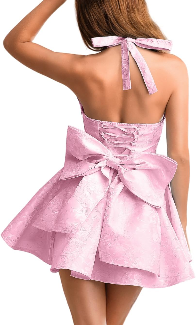 Jacquard Corset Dress with Deep V Halter and Bow Back Style