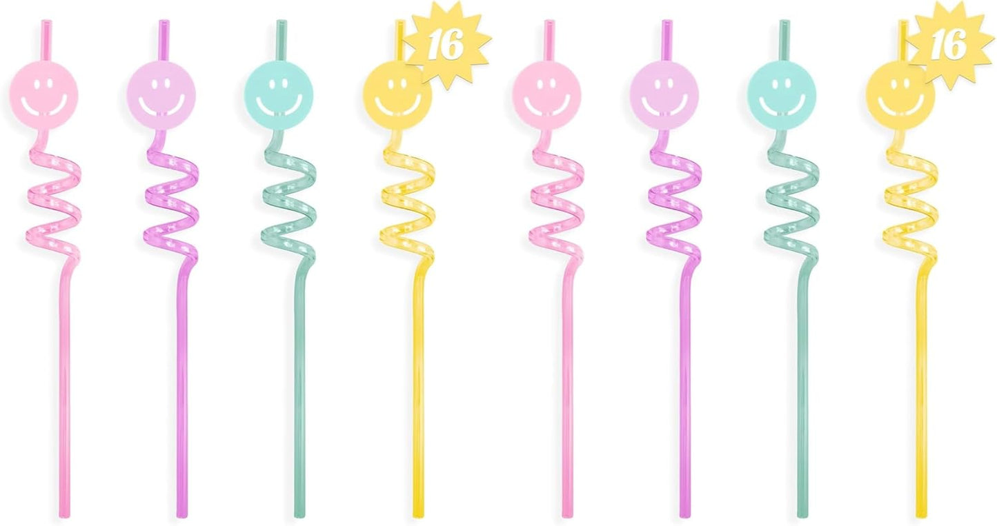 Pastel Smiley Face Plastic Straw Set - 16 pc Fun Party Decor