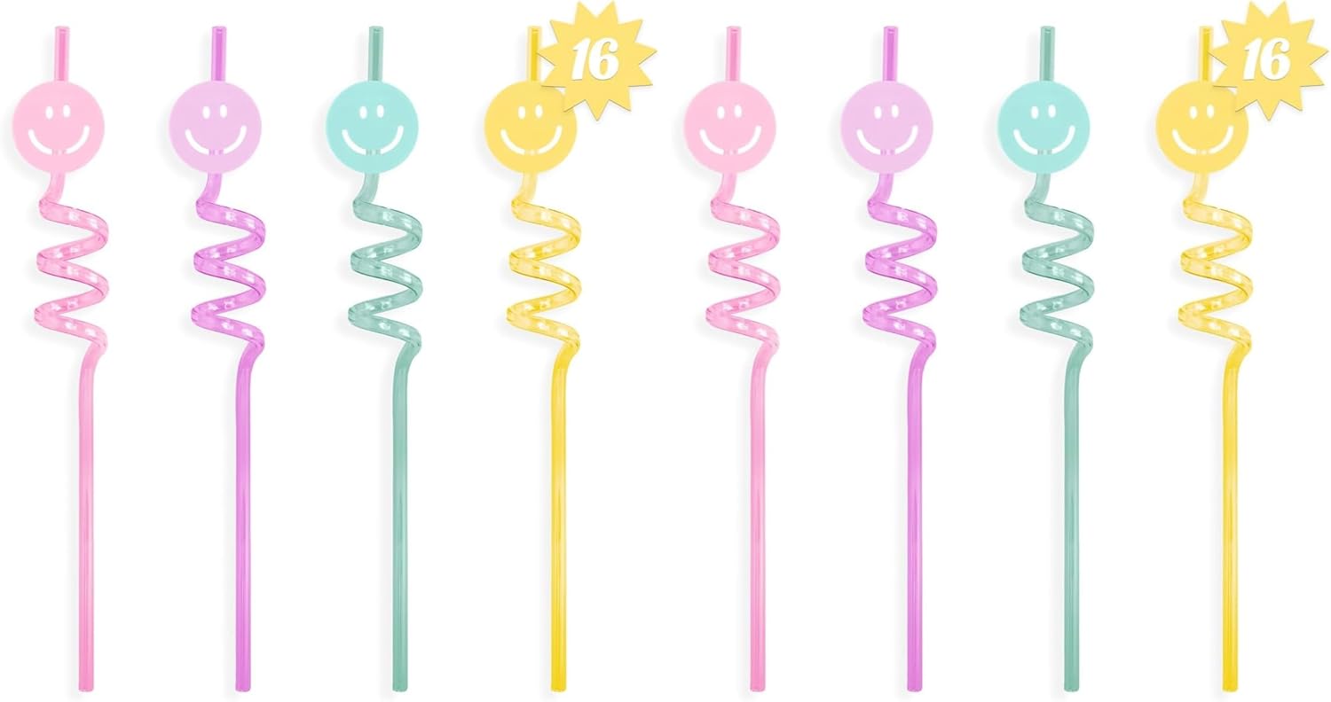 Pastel Smiley Face Plastic Straw Set - 16 pc Fun Party Decor