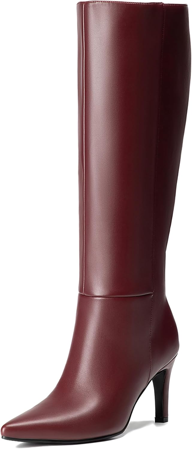 Knee High Burgundy Boots Women with Pointed Toe Stiletto Style