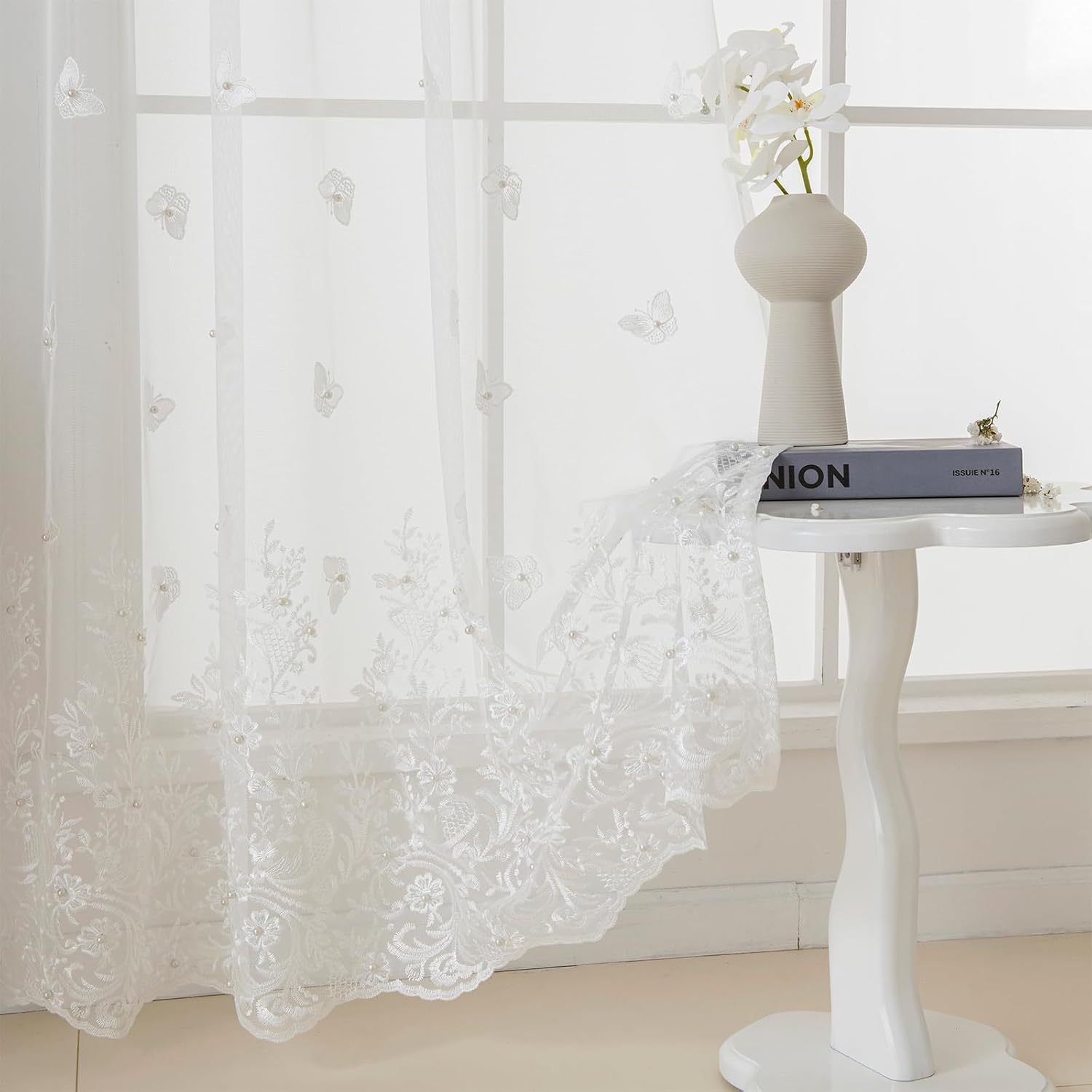Elegant White Sheer Voile Curtains with Embossed Butterflies Design