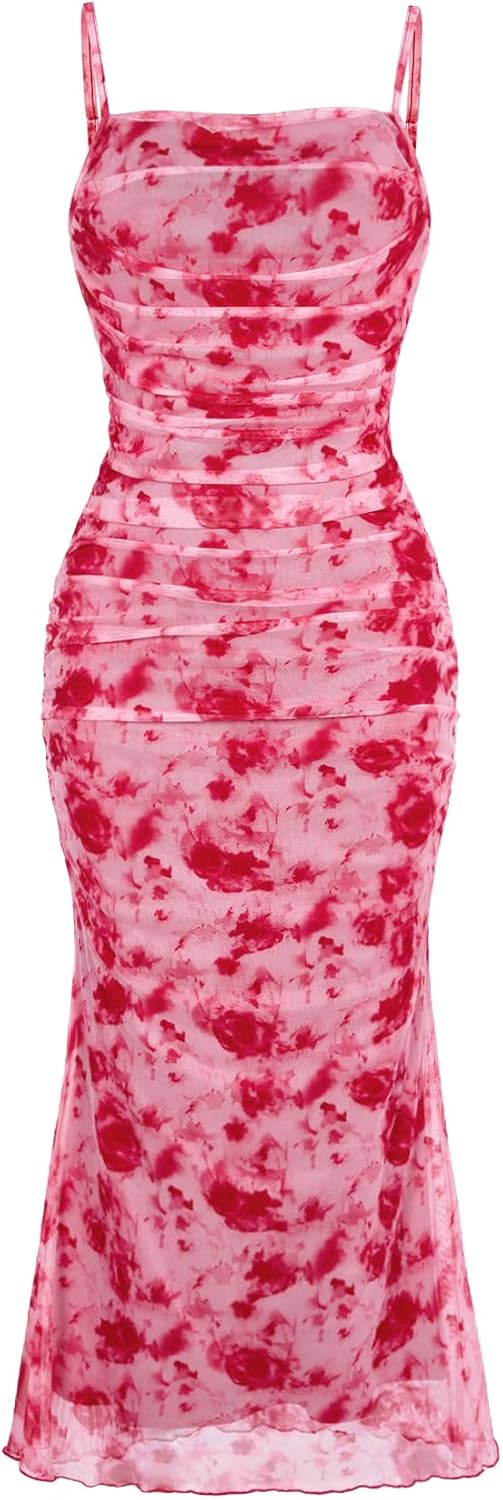 GORGLITTER Women's Floral Ruched Bodycon Midi Dress for All Occasions