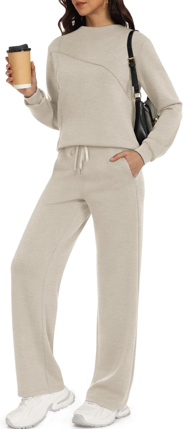Trendy Women's 2 Piece Lounge Set with Boat Neck and Wide Leg Pants