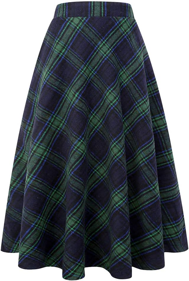 Womens Plaid Wool Skirts A-Line Pleated Tartan Long Skirts