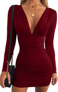 GOBLES Women's V Neck Ruched Long Sleeve Bodycon Mini Dress Club